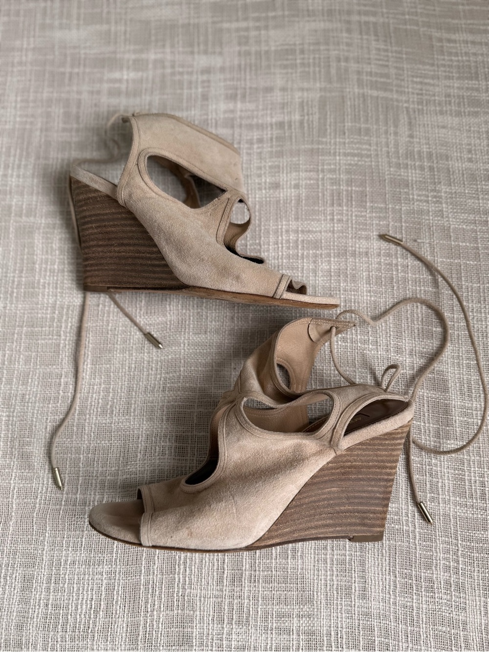 Aquazzura Firenze Beige Suede Lace Up Wedge Heels 36.5